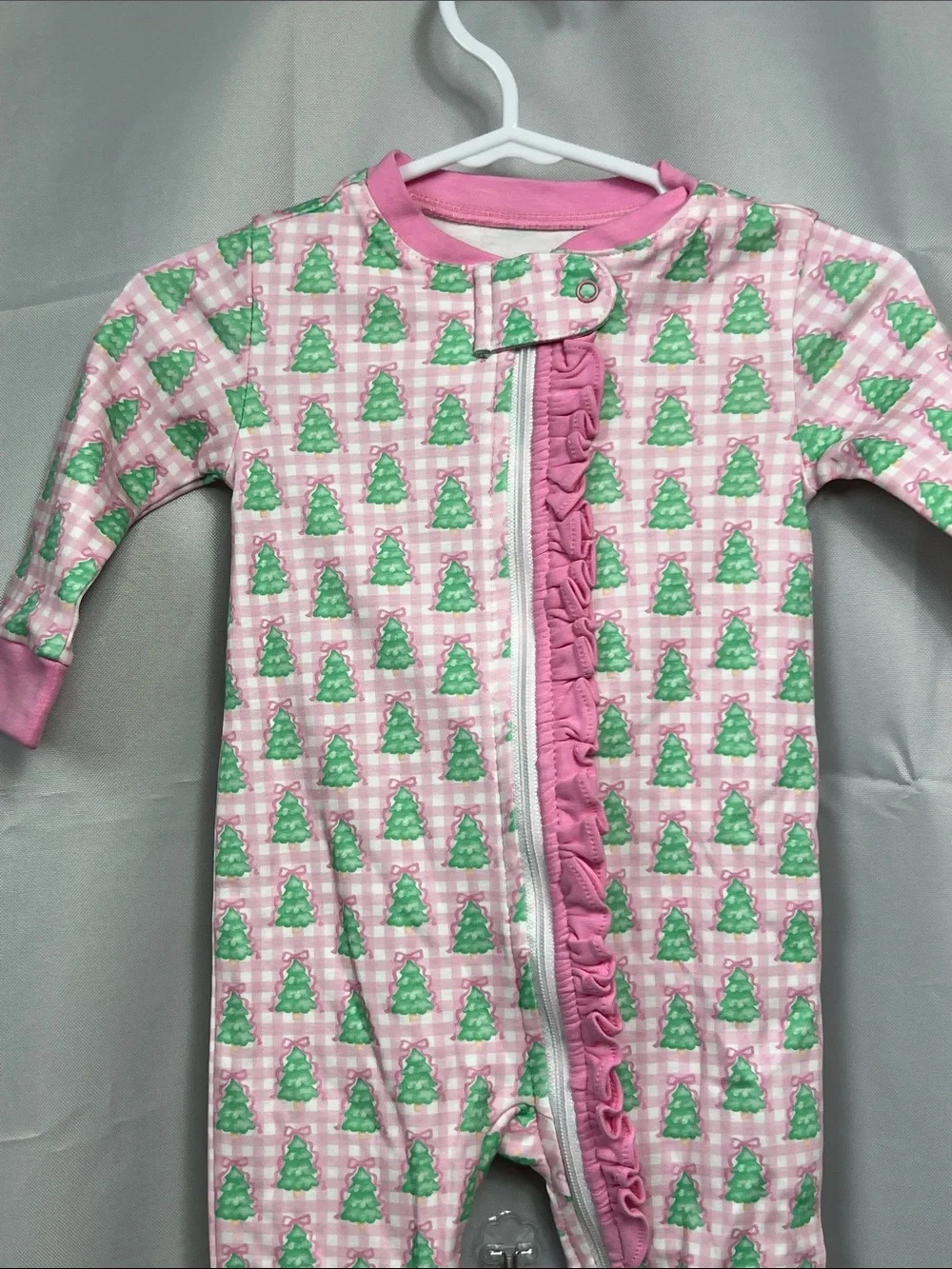 James and Lottie pink gingham Christmas tree one piece zipper footie 9 months